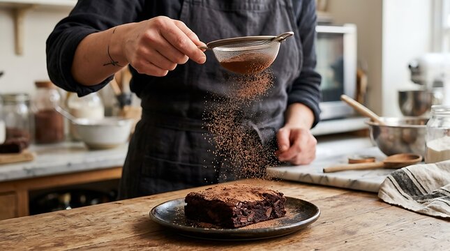 Sifting Cocoa Powder Over Homemade Chocolate Brownie. Delicious Dessert Baking in Rustic Kitchen