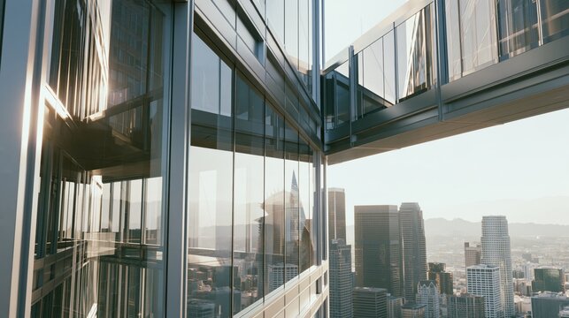 Double Exposure of Modern Glass Skyscraper Reflecting Vibrant City Skyline at Sunset