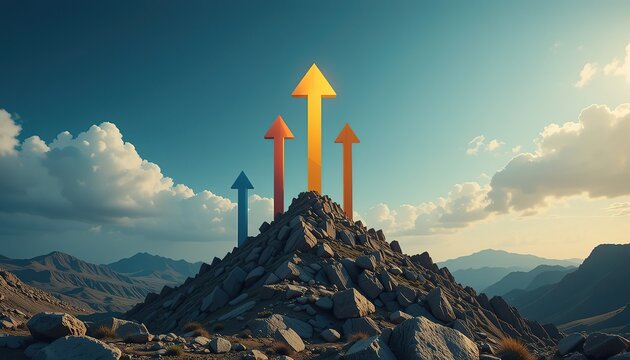 3D Render of Upward Arrows Ascending a Mountain Peak Towards Sunrise Representing Business Growth and Success