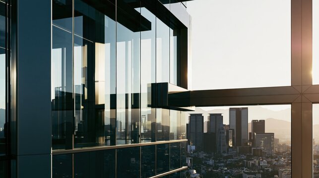 Double Exposure of Modern Glass Skyscraper Reflecting Vibrant City Skyline at Sunset