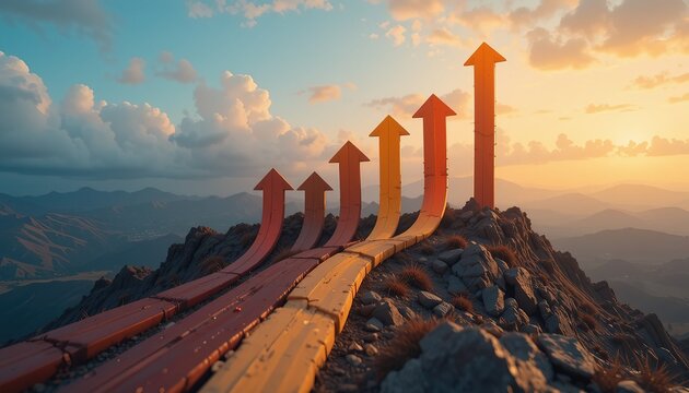 3D Render of Upward Arrows Ascending a Mountain Peak Towards Sunrise Representing Business Growth and Success