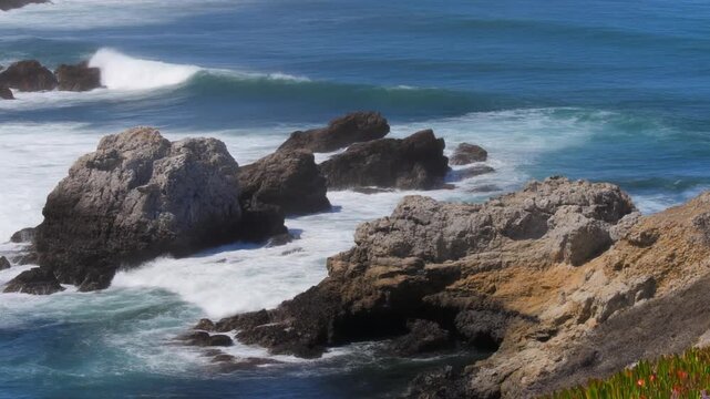 Ocean waves crashing on biscoitos natural pools volcanic rocks