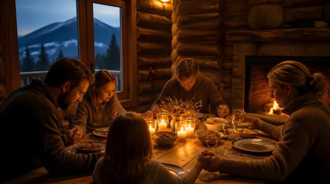 Family of five praying around wooden dining table at rustic cabin fireplace