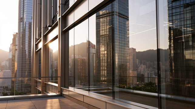 Double Exposure of Modern Glass Skyscraper Reflecting Vibrant City Skyline at Sunset