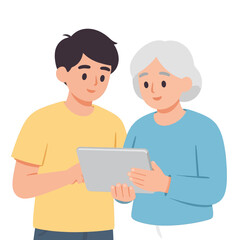 Obraz premium Young Boy Assisting Senior Grandmother Using Digital Tablet Together in Flat Vector Illustration Style Showing Generational Connection and Learning Technology at Home