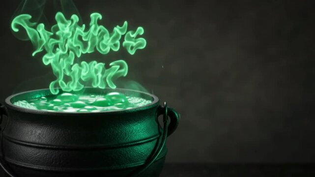Boiling Witch Cauldron with Glowing Green Potion and Witches Brew Smoke Text on Dark Background with Copy Space