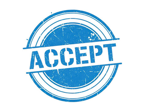 Blue rubber stamp with the word accept and a distressed grunge texture effect isolated on transparent background