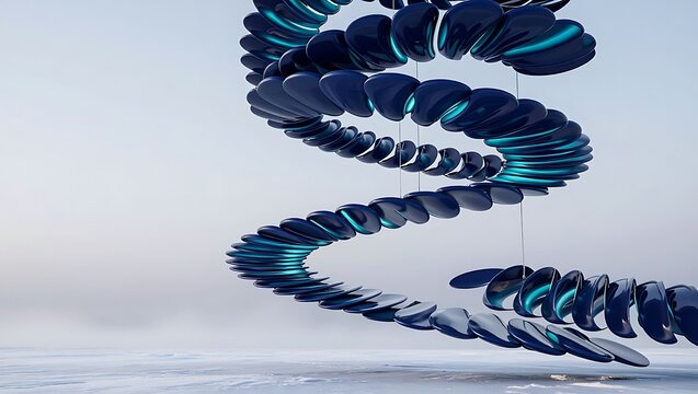 A dark blue, abstract, spiraling sculpture with glowing teal accents hangs suspended against a soft, hazy sky.