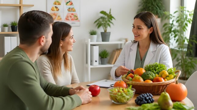 Dietitian arranging fresh fruits vegetables basket office setting clients observing modern aesthetic professional health food nutrition