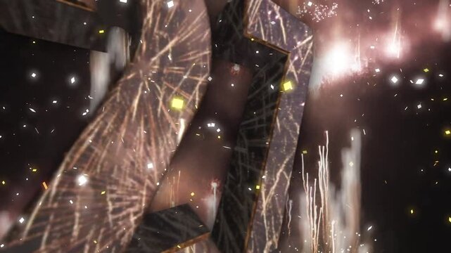 紙吹雪が舞う花火背景と鏡面反射する2027年新年お祝いの3D文字
