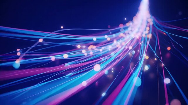 Futuristic Digital Network with Glowing Blue and Pink Data Streams, Connected Nodes, and Dynamic High-Speed Light Trails