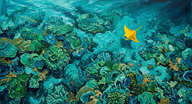 Underwater coral reef with vibrant turquoise water and swimming yellow ray fish digital painting