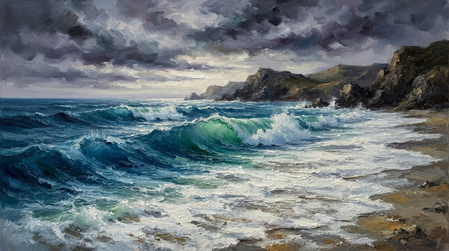 Stormy sea waves crashing against rocky shoreline under dark overcast sky digital painting