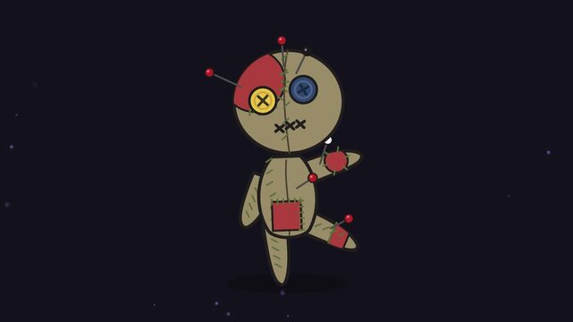Cute cartoon voodoo doll floating on dark background, stitched fabric character with pins and button eyes