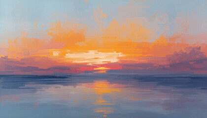 Fototapeta premium Vibrant sunset sky over calm ocean horizon with warm golden light oil painting