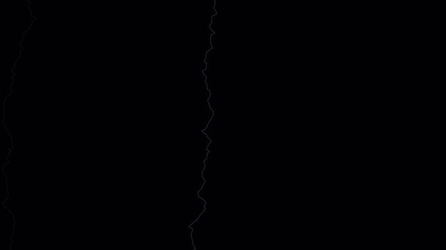 Intense lightning storm animation featuring bright branching electrical bolts striking through a deep black night background. Powerful white lightning cores create dramatic contrast with subtle cyan