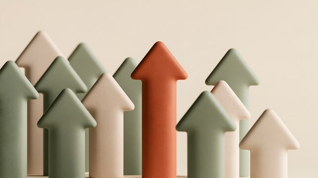 Prominent orange arrow rising above the rest illustrating market leadership, business growth and outstanding corporate performance strategy