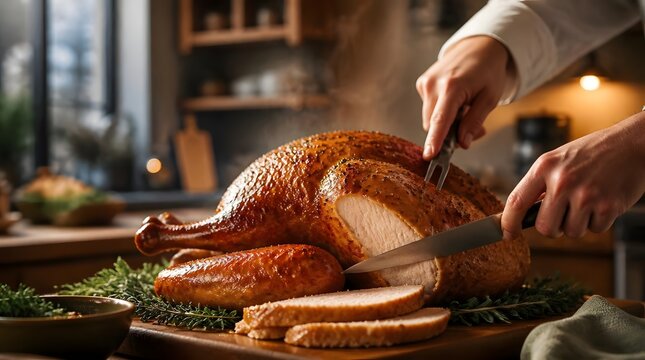 Chef carving roasted turkey on wooden cutting board surrounded by fresh herbs sliced bread kitchen natural light