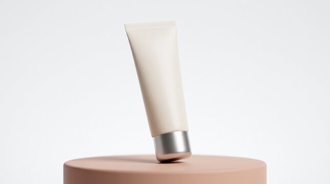 Minimalist cosmetic cream tube mock-up on a pastel podium against a clean neutral background