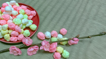 Obraz premium ひな祭りの雛あられと桃の花 朱の皿と畳の静物 コピースペース