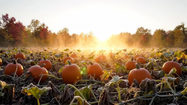 Vibrant Orange Pumpkin Patch Glowing in Golden Autumn Sunrise