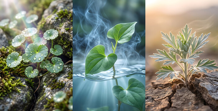Collage of three healing botanical herbs centella asiatica heartleaf and mugwort