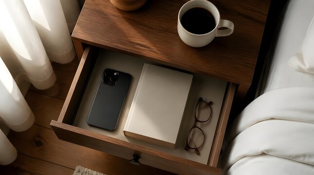 Cozy bedroom morning setup smartphone notebook eyeglasses coffee mug natural light minimalistic decor serene calm atmosphere