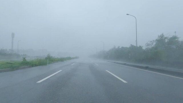 Driving Through Severe Wind And Heavy Rain As Hurricane Makes Landfall