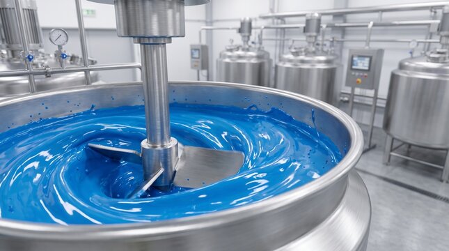 Industrial mixing tank vessel, with bright blue liquid compound inside, swirling with rotating blade agitator, in modern chemical factory plant, industrial manufacturing photography