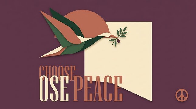 Bird flying towards peace sunrise background with olive branch