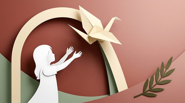 Child reaching up to a dove inside an archway