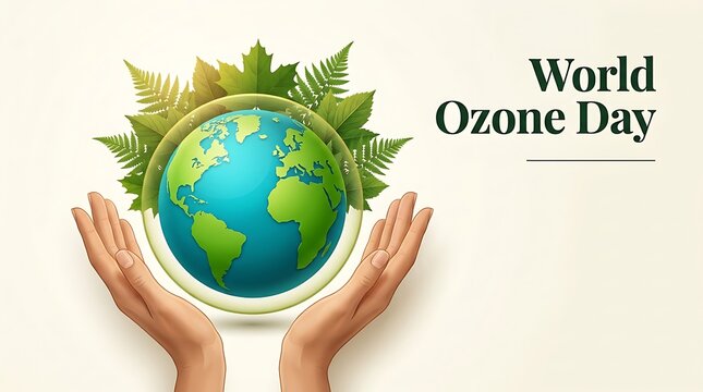 Hands holding globe with green ferns for world ozone day celebration