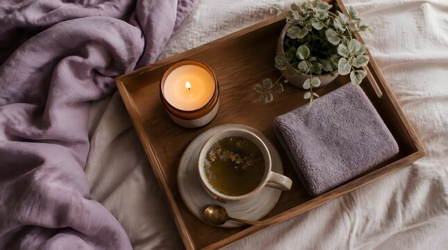 Cozy evening self care setup wooden tray herbal tea candle lavender blankets warm light relaxation