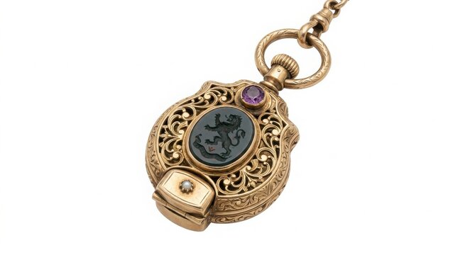 Vintage gold locket pocket watch pendant with ornate filigree and gemstone antique watch vintage jewelry gold tone white background filigree gemstone accessory historical victorian timepiece