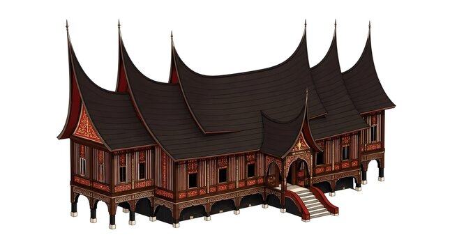 Traditional Minangkabau Rumah Gadang interior wooden carvings tiered roof spires stilt elevated indoor setting digital rendering