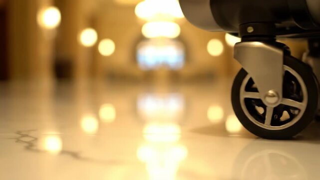 A suitcase rolls smoothly with its wheels on a polished floor while lights softly blur in the background creating a luxurious mood