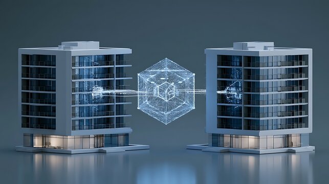 Two modern buildings connected through a glowing blockchain smart contract hub, secure digital property transaction, automated escrow and ownership transfer concept,