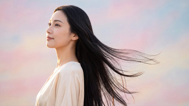 Woman with long dark flowing hair stands outdoors looking toward the horizon while the gentle breeze blows her strands gracefully against a pastel sky backdrop.