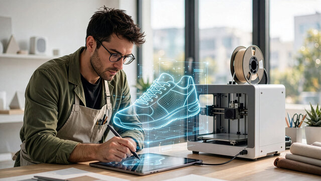 A professional male designer uses a digital tablet to create a futuristic three-dimensional blue hologram sneaker prototype next to a modern 3D printer.