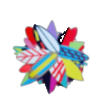 A vibrant starburst shape composed of multiple colorful surfboard silhouettes arranged in a circular pattern on a white background isolated on a transparent background