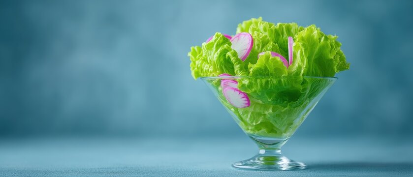 Fresh and crisp salad with green lettuce and sliced radishes in a glass bowl on a textured background
