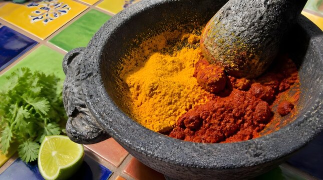 Freshly ground turmeric chili powder mortar pestle colorful tiled kitchen vibrant macro shot cooking spices food ingredients