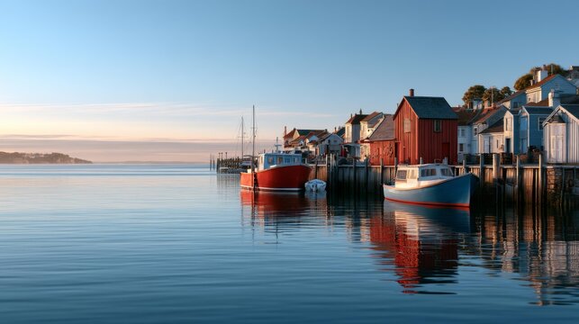 Serene seaside settlement with quiet boats, gentle reflections, and a distant coastal horizon.