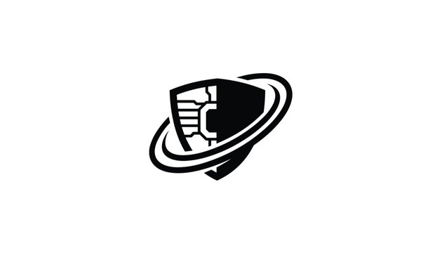 Modern cybersecurity shield logo featuring a tech circuit board on one half and solid black on the other.