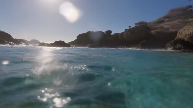 Ocean waves splashing at biscoitos natural pools under bright sun