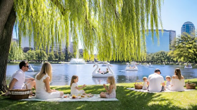 Family picnicking under weeping willows by serene lakeside fountain swan boats urban park city skyline sunny day children playing blankets adults