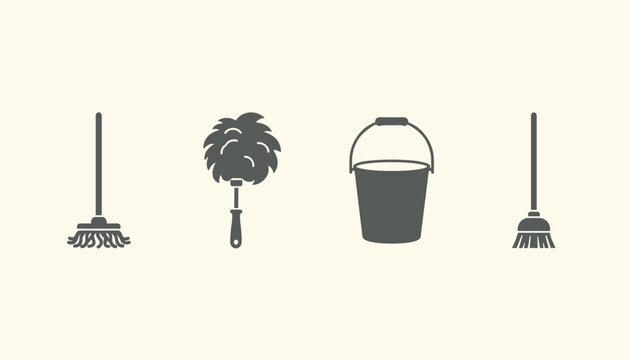 Four grey silhouettes of essential cleaning tools including mop, feather duster, water bucket, and rustic broom.