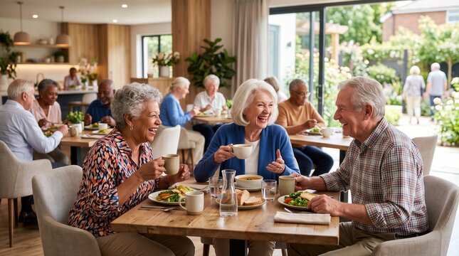 Joyful seniors enjoying a meal together in a bright dining area filled with plants and sunlight, showcasing friendship and community spirit at a care home.