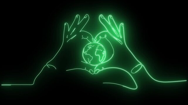 Glowing green neon line art animation of hands making a heart shape around planet Earth