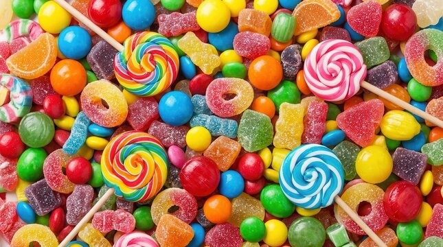 Bright colored sweets featuring a variety of candies, lollipops, and fruity marmalade.